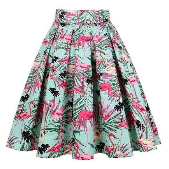 Amazon Women's Flamingo Print Midi Skirt - Pink and Green - Picture 1 of 3